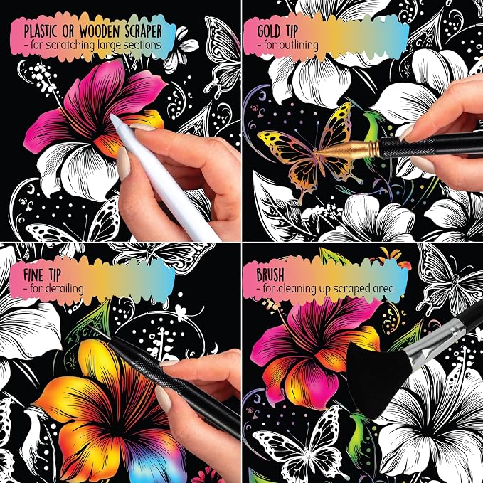 Scratch Art Book for Adults - Floral Series, 10 Rainbow Art and Crafts for Adults | Adult scratch art & foil art for adults kit | stress relief scratch painting, screen-free travel craft | scratch art adult