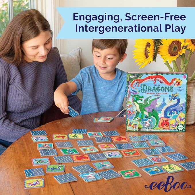 eeBoo Shiny Dragons Memory & Matching Game, Ages 3+, 1-4 Players | Introduces mythical dragons. Sharpens recognition, concentration & memory skills. Includes 48 foil tiles, 24 pairs