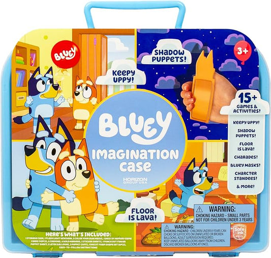 Bluey Imagination Case, 15 Games & Activities, Travel-Friendly Playset With Markers, Crayons, Balloons, Puppets & Games for 3 Year Olds, Fun Bluey Toys & Toddler Games, Party Decorations