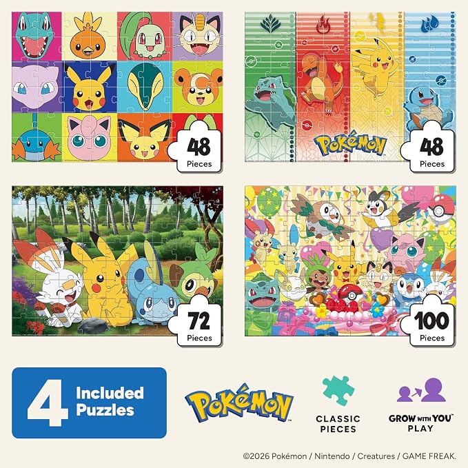 Buffalo Games - Pokémon - 4 Pack 500 Piece Puzzles for Kids Ages 3-6+ | Made in USA, Includes Poster, Giftable Display Box, Frameable Art