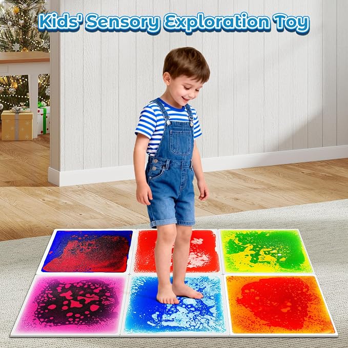 Toddler Sensory Liquid Floor Mats - 6-Piece Liquid Play Mat Pack 12" x 12" | Square Sensory Puzzle Mats for Autism, Lava Brick Dance Step Mats, Montessori Gross Motion Toys for Preschool Classrooms
