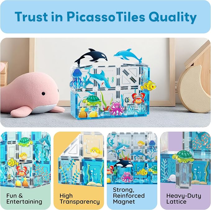 PicassoTiles 26 Piece Magnetic Tiles, Ocean Marine World STEM Set Ages 3+ | Eight sea creature figures, vivid printed designs, screen-free imaginative play, hands-on early learning fun for curious kids