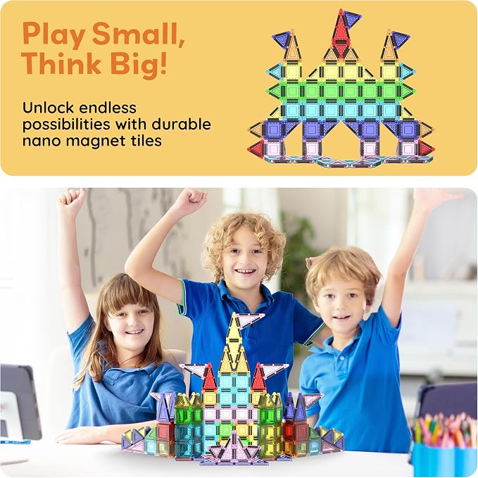PicassoTiles 65 Piece Magnetic Tiles, STEM Travel Building Set for Kids 3+ | zipper carry pouch bag, portable miniature toy construction, educational Montessori learning, creative birthday gift present