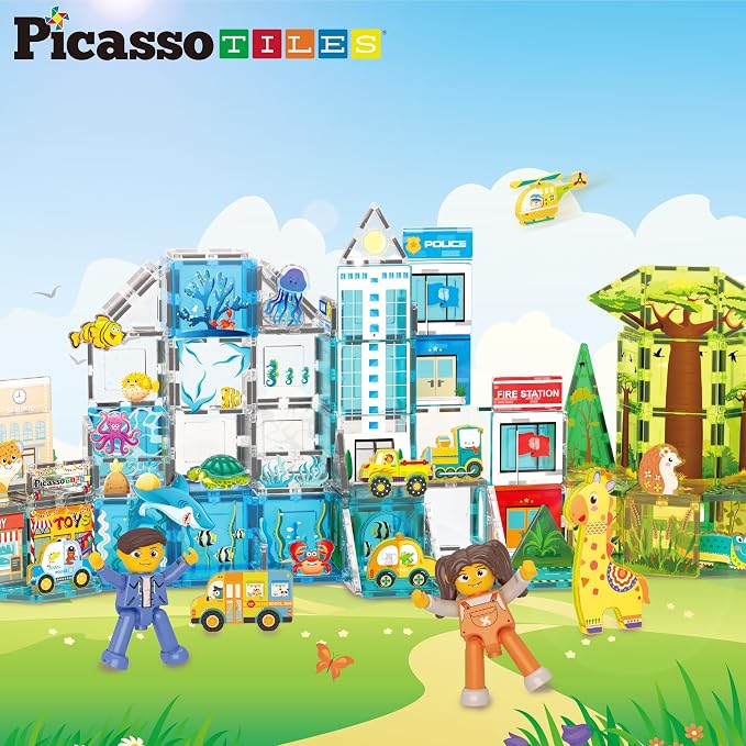 PicassoTiles Magnet Tiles Building Blocks 3-in-1 Aquarium Safari Animal & Metro Theme Playset with 24 Character Action Figures Magnetic STEM Learning Toys Construction Set Toddler kids Ages 3+ PTQ1245