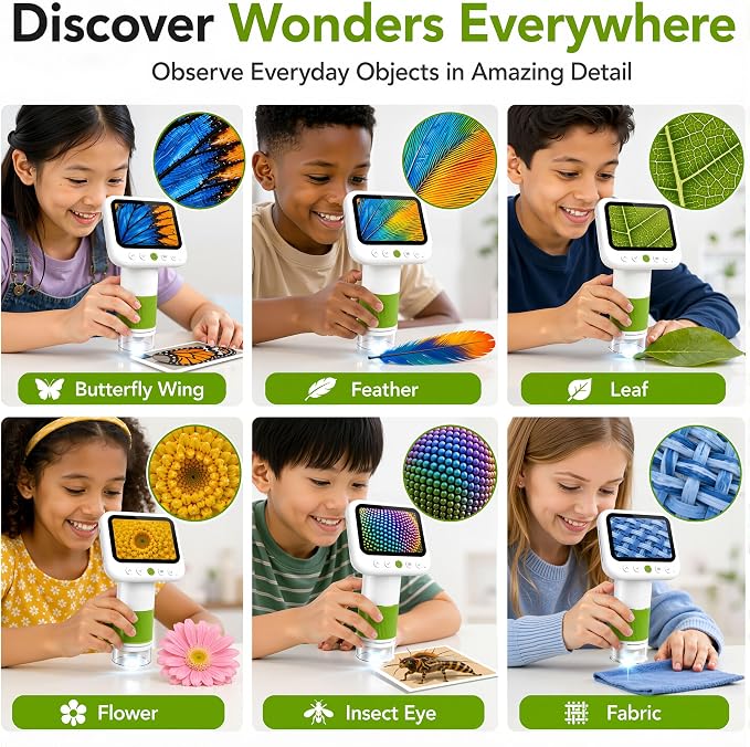 Kids Microscope with 1080P 4.3" Screen, 2-in-1 Desktop/Handheld Microscope | 1000X Microscope for Kids with 6 Slides, Photo/Video Capture, 8 LED Lights, 8GB Card, Birthday Christmas Gift for Kids 3-12