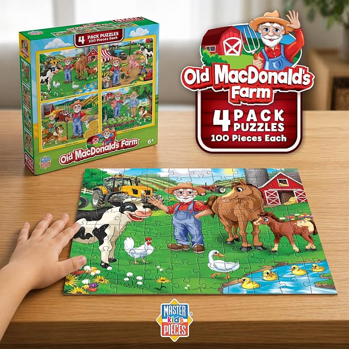 MasterPieces – Jigsaw Puzzle Set for Kids 6+ Years, 4-Pack of 100 Pieces, Educational and Fun Game, Old Macdonald’s Farm Collection, Gift Idea for Children, 8" x 10"