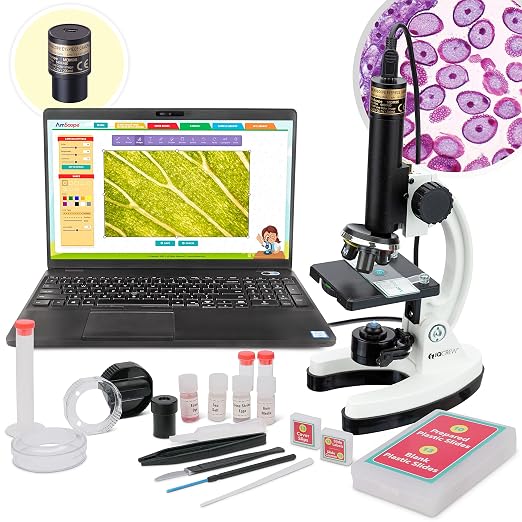 AmScope M40-K-MDM35 1200X Monocular Compound Microscope Digital Camera Kit | 120X-1200X magnification All metal frame Dual illumination Rotating color filter wheel Over 85 accessories ABS carrying case
