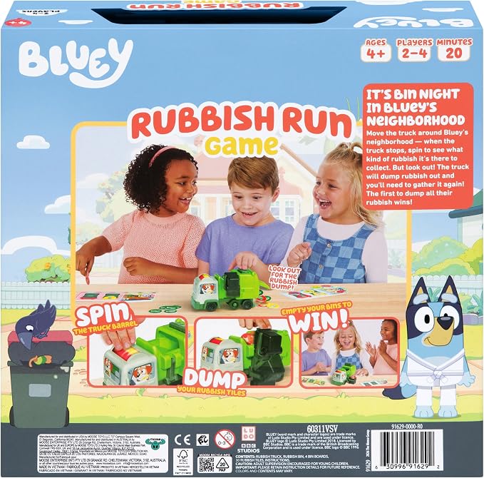 Bluey Rubbish Run Game - Family Board Game, Ages 4 Toys | Preschool board games with spinning barrel, dump lever, and surprise truck spill action