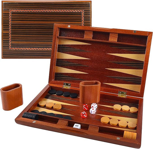 Offelec Wooden Backgammon Set for Kids, 13 Inches Backgammon Board Game Set with 32 Backgammon Pieces, 5 Dice & 2 Cups - Classic Strategy Game for Kids Adults and Family