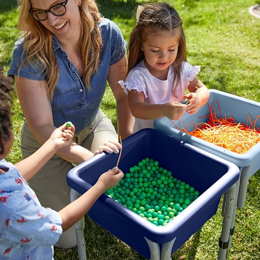 ECR4Kids 2-Station Sand and Water Adjustable Play Table, Sensory Bins, Navy/Powder Blue | Durable plastic/steel, GREENGUARD Gold Certified, 3-5 years, 80 lb capacity, adjustable legs, easy-lift lids, indoor/outdoor