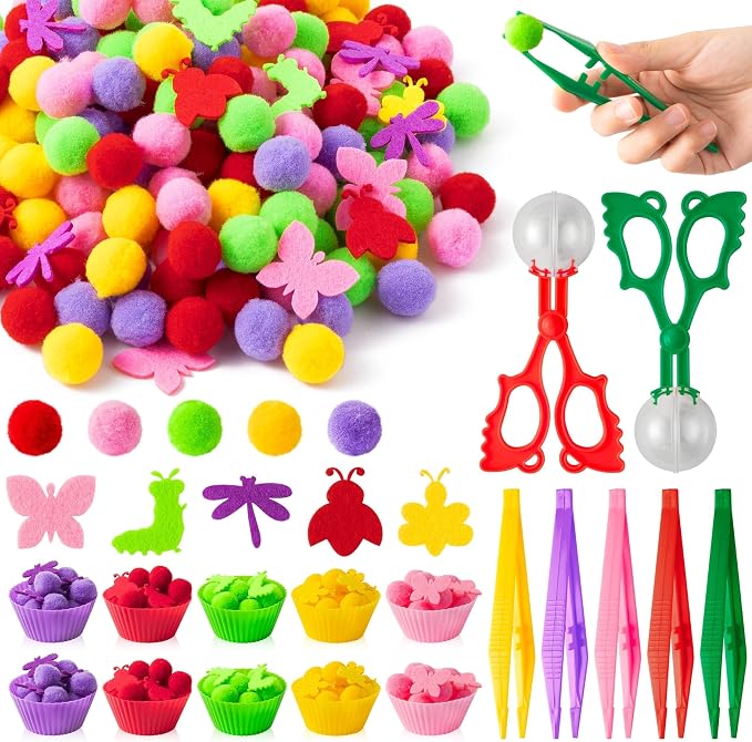 EZdhuawuse Summer Insects Sensory Bin Fillers Toys - Summer Party Gift 268Pcs Color Counting Sorting Fine Motor Toys Set for Kids, Felt Dragonfly Butterfly Pom Poms Cups Clips for Preschool Education