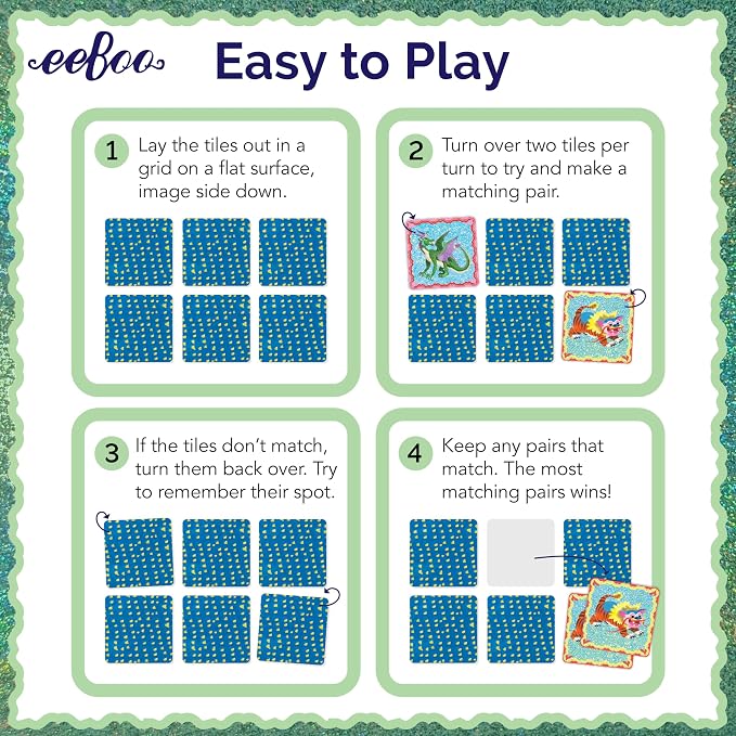 eeBoo Shiny Dragons Memory & Matching Game, Ages 3+, 1-4 Players | Introduces mythical dragons. Sharpens recognition, concentration & memory skills. Includes 48 foil tiles, 24 pairs