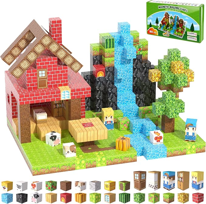 100PCS Magnetic Blocks, Magnetic Building Blocks, 0.98in Magnetic Building | STEM Game Stacking Toys for Kids, Birthday Gifts for Boys and Girls Age 3+ Years Old