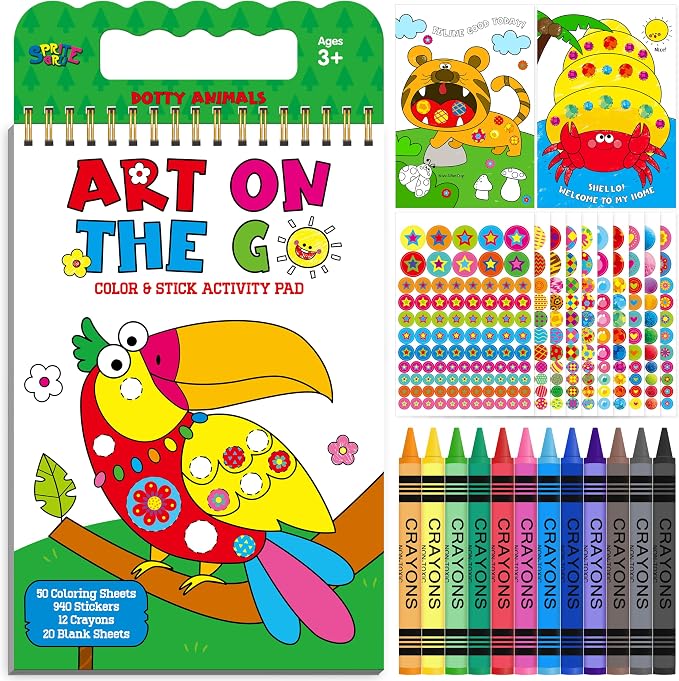 SpriteGru Road Trip Coloring Kit, 50 Coloring Pages with 940 Decorative Stickers & 12 Crayons, Mess-Free Travel Sticker Collage Activity DIY Dotty Animals Travel Art Craft Kit for Kids, Toddlers