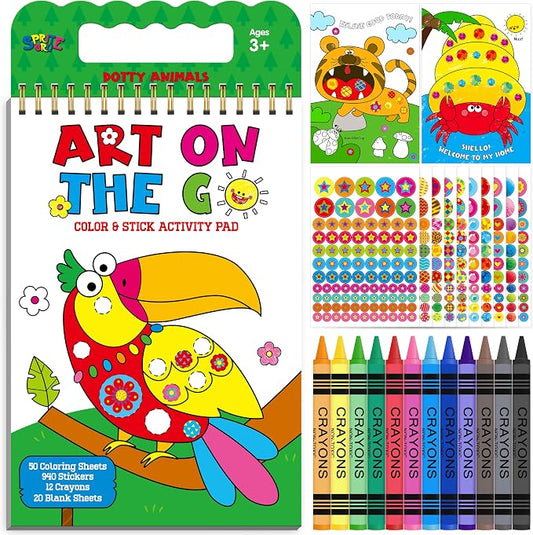 SpriteGru Road Trip Coloring Kit, 50 Coloring Pages with 940 Decorative Stickers & 12 Crayons, Mess-Free Travel Sticker Collage Activity DIY Dotty Animals Travel Art Craft Kit for Kids, Toddlers
