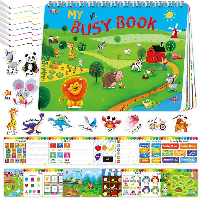 Preschool Busy Book, 30 Different Themes Activities Book, Montessori Learning Toy Educational Tool for Alphabet/Numbers/Color/Shapes/Animals/Weather/Holidays -Autism Sensory Toys for Boys & Girls