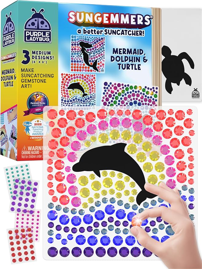 SunGemmers Suncatcher Kit for Kids Ages 5+, Peel & Stick Diamond Gem Art | Mess-Free Window Art Kit for Kids, Screen-Free Activity, Birthday Gifts for Girls, 3 Designs Summer Crafts