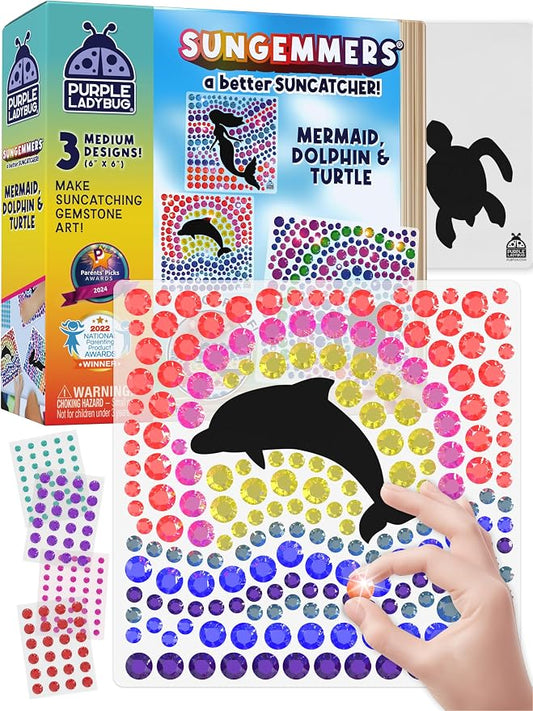 SunGemmers Suncatcher Kit for Kids Ages 5+, Peel & Stick Diamond Gem Art | Mess-Free Window Art Kit for Kids, Screen-Free Activity, Birthday Gifts for Girls, 3 Designs Summer Crafts