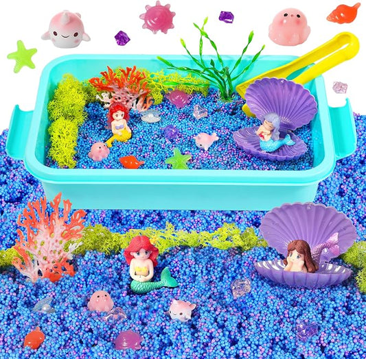 Carolart Mermaid Sensory Bin for Girls, Mermaid Toys, Ocean Sensory Kit | storage bin activity set with sensory foam beasds, ocean sensory gifts for toddlers ages 3-8
