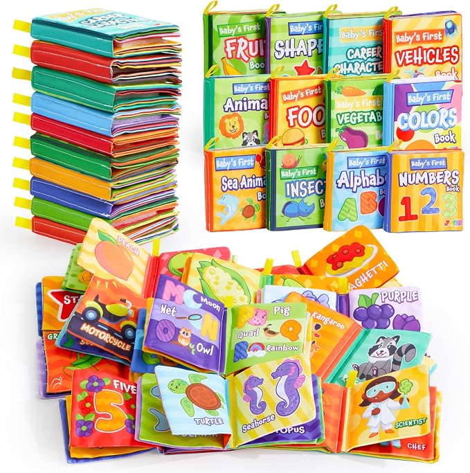 JOYIN 12 Pcs Bath Books, Nontoxic Fabric Soft Crinkly Cloth Books, Waterproof, Bathtub Pool and Early Education First Toys for Infant Newborn Baby Toddlers Kids Birthday Easter Gifts