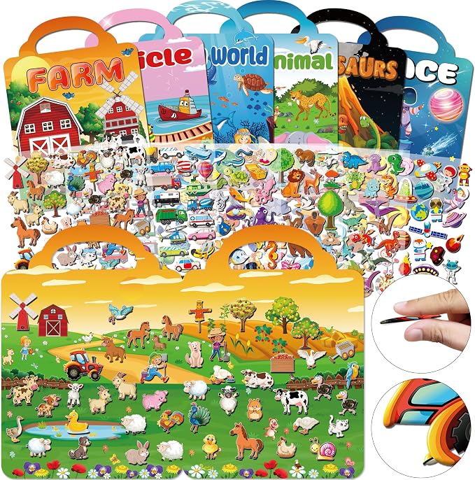 Kalysky 6Set Puffy Sticker Books for Kids 2-4, 3D Reusable Stickers Books for Toddlers 1-3 2-4,Farm+Animal+Dinosaurs+Ocean World+Space+Vehicle