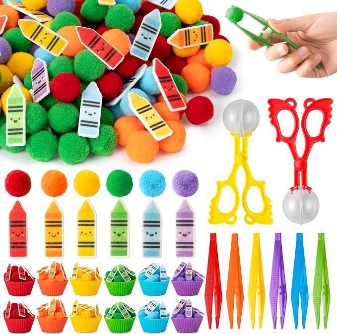 EZdhuawuse Crayon Sensory Bin Fillers, 321Pcs Back to School Fine Motor Set | Counting Sorting Summer Gift for Teens Students Adults, Colorful Felt Crayons Pom Poms Cup Clip, School Education Activities