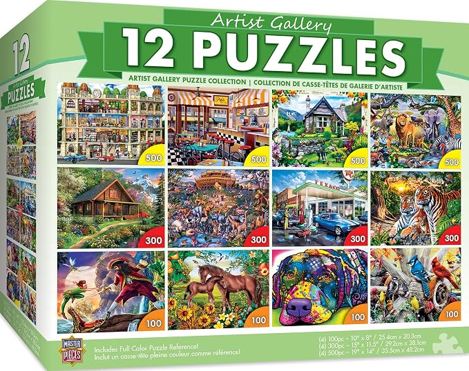 MasterPieces 12 Pack Jigsaw Puzzles for Adults, Family, Or Kids - Artist Gallery 12-Pack Bundle - 500, 300, and 100 Piece Puzzles | 12 pack jigsaw puzzles for adults, families & kids with 500, 300 & 100 piece art puzzles for game night, gifts & relaxin...
