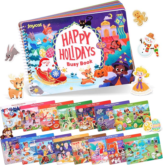 JoyCat Holiday Busy Book for Toddlers Ages 3-5, English | 15 holidays including Easter, Diwali and Thanksgiving encourage creativity and preschool skills at home or during travel
