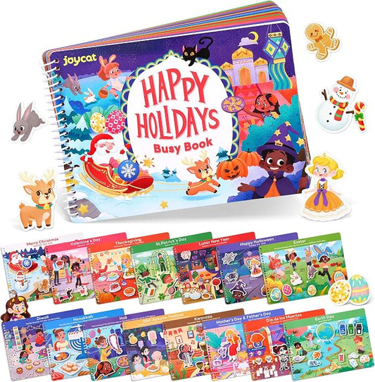 JoyCat Holiday Busy Book for Toddlers Ages 3-5, English | 15 holidays including Easter, Diwali and Thanksgiving encourage creativity and preschool skills at home or during travel