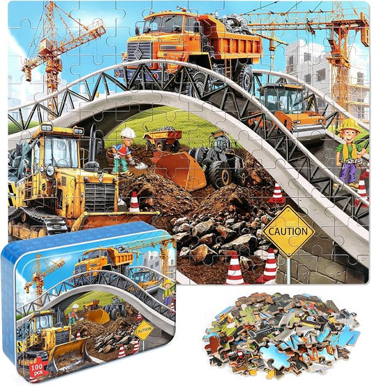 LELEMON Puzzles for Kids Ages 4-6,Construction Site 100 Piece Puzzles for Kids Ages 4-8 in a Metal Box,Educational Jigsaw Puzzles 100 Piece Puzzle Games Puzzle Toys for Girls and Boys