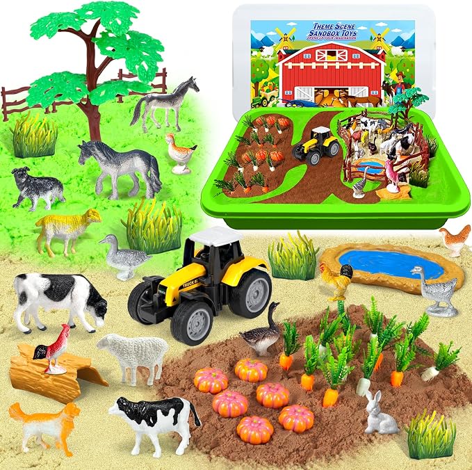 Sensory Bin, Sandbox Toys Play Sand Art Kit for Kids Toddlers 3 4 5 6 7 8 | Farm Sensory Toys with Sandbox & Farm Animals & Tractor Playset, Indoor Outdoor Beach Toys for Kids Christmas Birthday Gifts