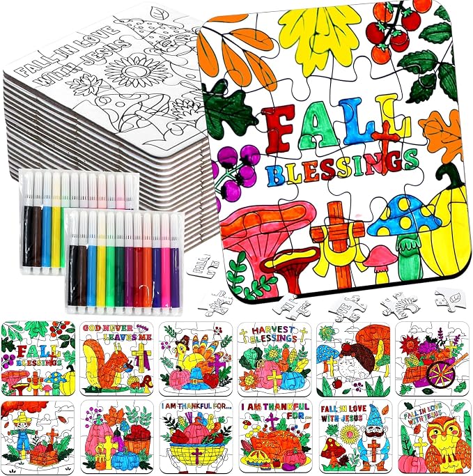 Thanksgiving Fall Crafts for Kids Religious Art Activities Blank Puzzle Toy | 24 Autumn Harvest DIY Crafts Pumpkin Turkey Cross Jesus, Christian Classroom Gift for Aldults Party Favors Game Supplies Bulk