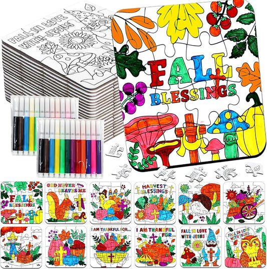 Thanksgiving Fall Crafts for Kids Religious Art Activities Blank Puzzle Toy | 24 Autumn Harvest DIY Crafts Pumpkin Turkey Cross Jesus, Christian Classroom Gift for Aldults Party Favors Game Supplies Bulk