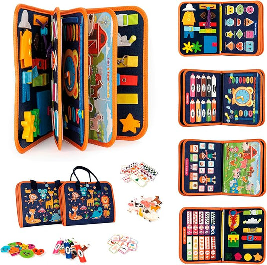 Ibenji Montessori Busy Book for Kids Ages 3+ Sensory Learning Toy with Zippers, Buckles, Letters, Numbers & Puzzles – Travel Quiet Book for Airplane & Car