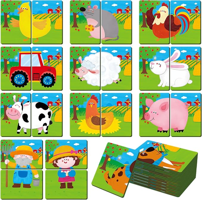 SpriteGru Farm Animal Memory Game, 28 Chunky Cards Farm Animal Head Tail Matching Activity 1-5 Players Memory Matching Game for Toddlers, Preschoolers