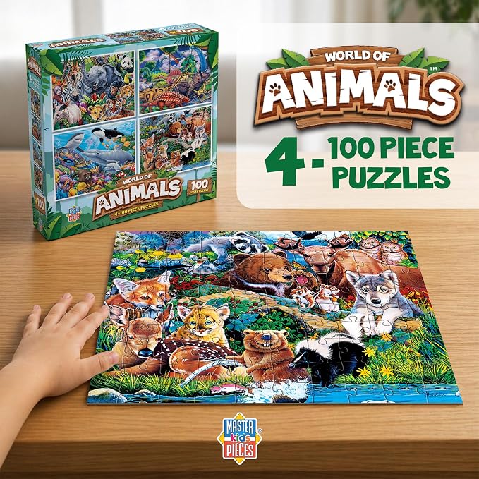 MasterPieces Jigsaw Puzzle Set for Kids, 4-Pack of 100 Piece Puzzles, Educational Animal Theme, Fun Game, Gift Idea, 8" x 10"
