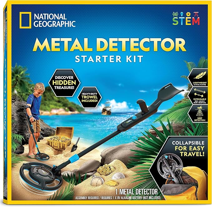 National Geographic Starter Metal Detector Kit for Kids Ages 8-12 | 7.4-Inch Waterproof Coil, Adjustable Design, Trowel Included, Lightweight Detector, Beach Treasure Hunting, Birthday Gift