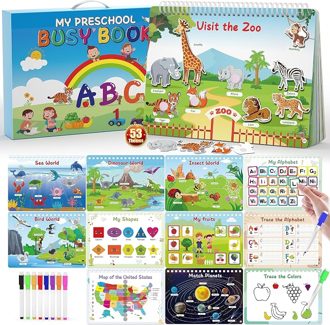 WJPC 53 Designs Busy Book for Toddlers 1,2,3,4,5,6 Years. Preschool Learning Busy Board Kids Boys&Girls Quiet Montessori Toddler Activity Book, Tracing Coloring