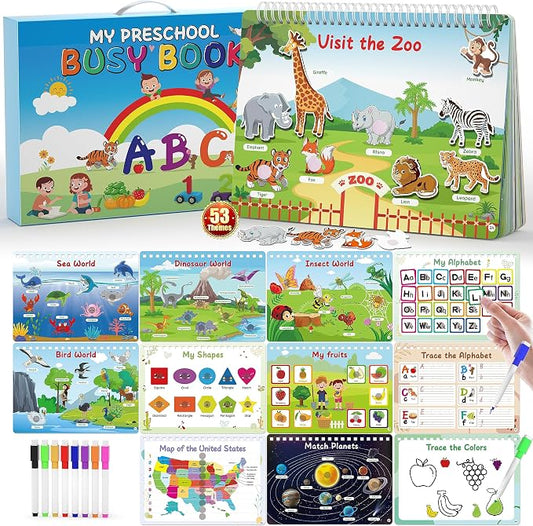 WJPC 53 Designs Busy Book for Toddlers 1,2,3,4,5,6 Years. Preschool Learning Busy Board Kids Boys&Girls Quiet Montessori Toddler Activity Book, Tracing Coloring