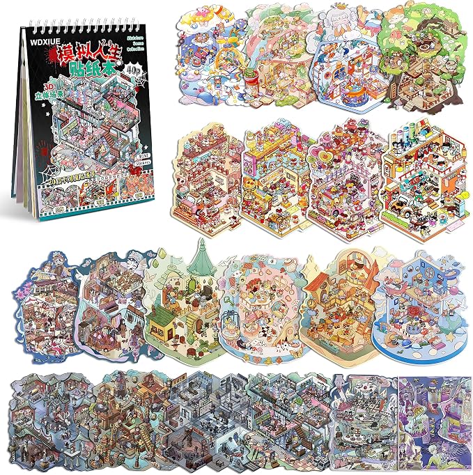 Scene Sticker – 20 Sets of DIY 3D House Scenes Cute Cartoon Stickers Kit for Kids & Adults – Fun Sticker Therapy Activity for Stress Relief, Crafts & Gifts (Black - 20 Set)