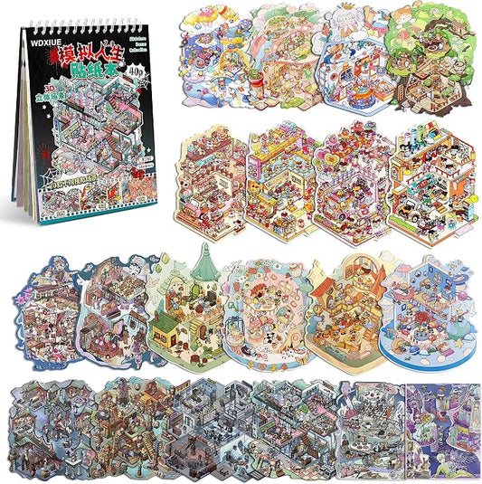 Scene Sticker – 20 Sets of DIY 3D House Scenes Cute Cartoon Stickers Kit for Kids & Adults – Fun Sticker Therapy Activity for Stress Relief, Crafts & Gifts (Black - 20 Set)