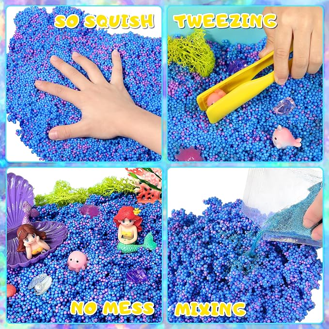 Carolart Mermaid Sensory Bin for Girls, Mermaid Toys, Ocean Sensory Kit | storage bin activity set with sensory foam beasds, ocean sensory gifts for toddlers ages 3-8