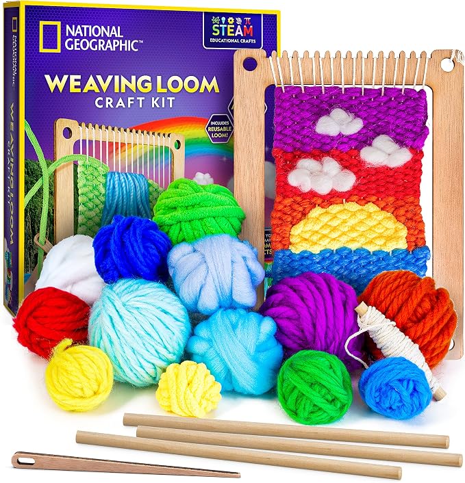 National Geographic Wooden Loom Weaving Arts and Crafts Kit for Kids | Weaving Loom for Kids, Colorful Yarn, 3 Easy Designs, Step-by-Step Weaving, Fine Motor Skills, Creative Craft Activity