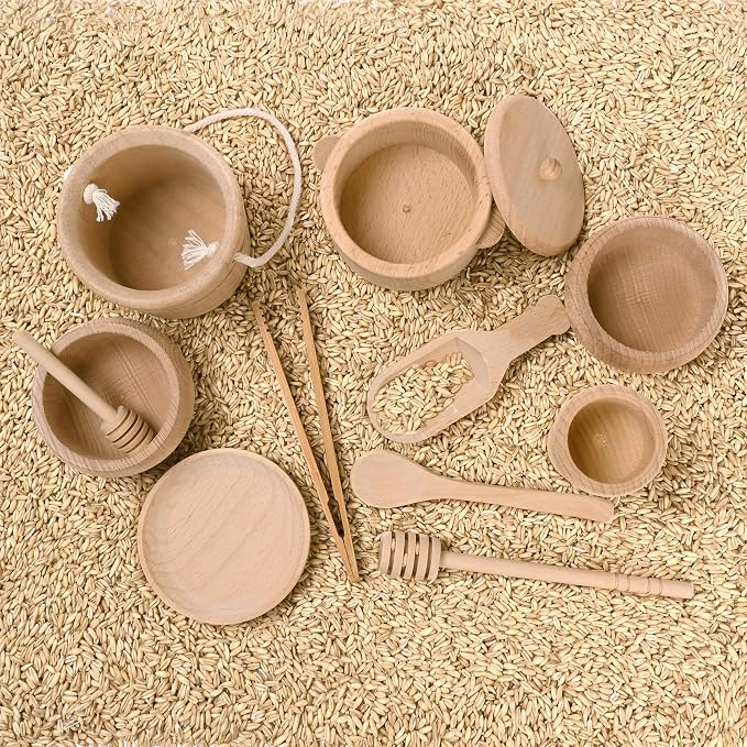 Montessori Sensory Bin Toys for Toddlers, 11pcs Wooden Toys | Waldorf Toys - Wooden Scoops and Tongs for Transfer Work and Fine Motor Skills Development