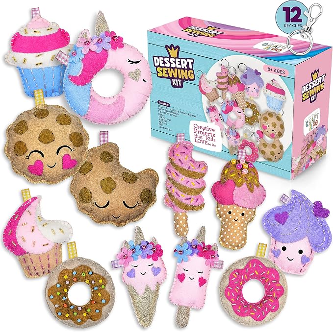 Dessert Sewing Kit for Kids Ages 8-12 - 12 Pre-Cut Felt Plush Treats