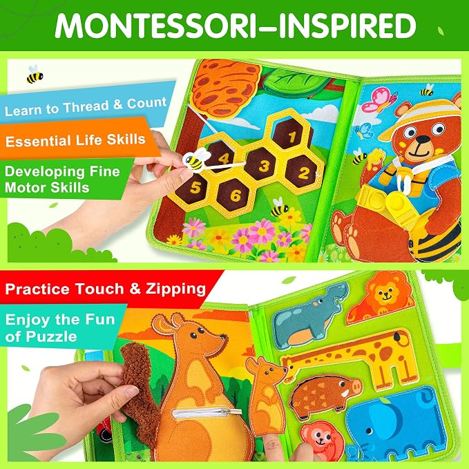 Quanquer Animal Busy Book for Toddlers 1-3 - Montessori Toys for 1 Year Old Boys and Girls, Educational Travel Toy for Airplane Car, Christmas Birthday Gifts for Toddlers