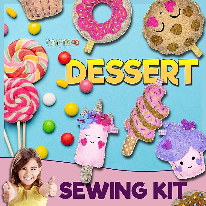 Dessert Sewing Kit for Kids Ages 8-12 - 12 Pre-Cut Felt Plush Treats