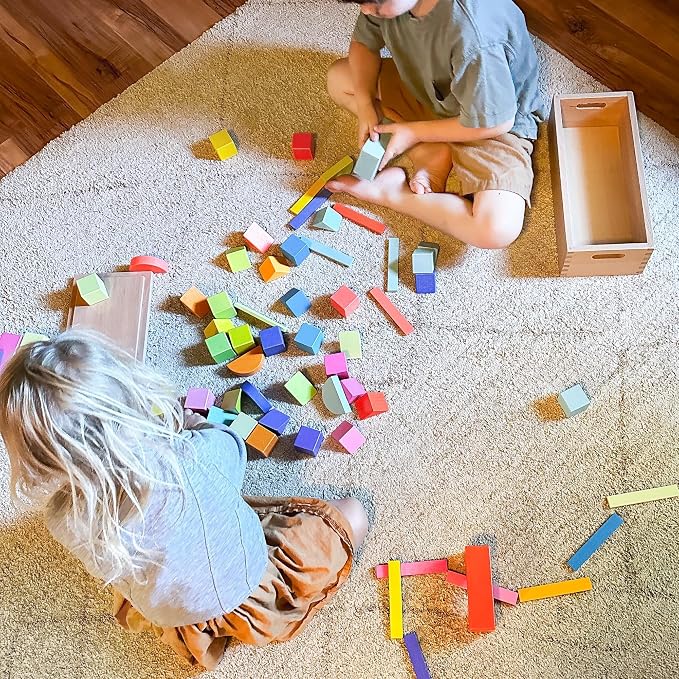 Quiggly Montessori Wooden Rainbow Building Blocks - 68 Pc STEM Toy Set | Storage box with carry handles, ages 12-48 months
