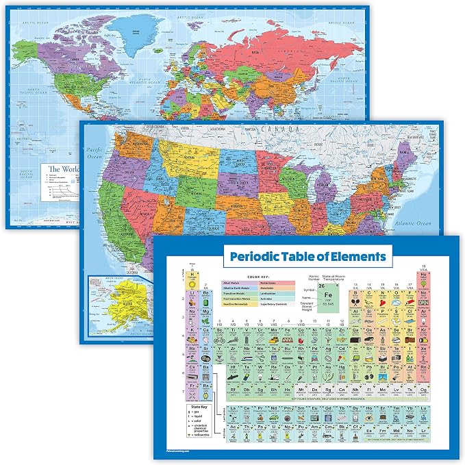 3 Pack - World & USA Map Poster Set + Periodic Table of the Elements Chart for Kids (LAMINATED, 18" x 29")