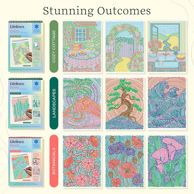 Lifelines FlowArt Activity Pads 3-Pack, Dot-by-Letter Guided Coloring Books | 12 Double-Sided Markers & 60 Scenes - Guided Art Meditations for Tweens, Adults & Seniors - Color-by-Number - Patent Pending